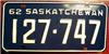 Saskatchewan 1962 passenger car License Plate
