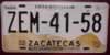 Zacatecas Mexico License Plate