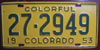 Colorado 1953 Colorful License Plate