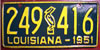 Louisiana 1951 passenger car License Plate