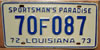 Louisiana 1973 passenger car License Plate