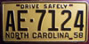 North Carolina 1958 License Plate