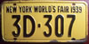 New York 1939 World's Fair License Plate