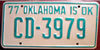 Oklahoma  1977 passenger vehicle License Plate