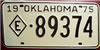 Oklahoma 1975 Tax Exempt Vehicle License Plate