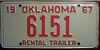Oklahoma 1967 Rental Trailer License Plate