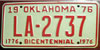 Oklahoma 1976 Bicentennial passenger  License Plate