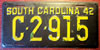 South Carolina 1942 passenger car License Plate