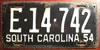 South Carolina 1954 License Plate